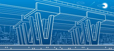 Şehir Mimarlık ve altyapı illüstrasyon, otomotiv Üstgeçit, büyük köprü, kentsel sahne. Gece şehir. Mavi zemin üzerine beyaz çizgiler. Vektör tasarım sanat