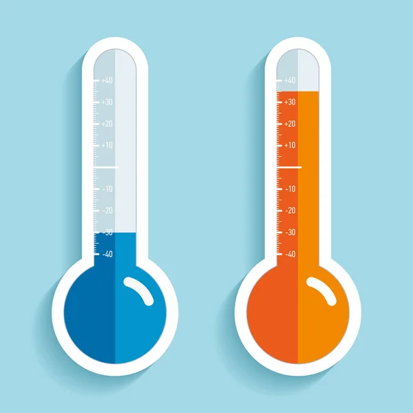 Thermometers in flat style, cold and hot temperature, design element on color background. Vector design object — Stock Vector