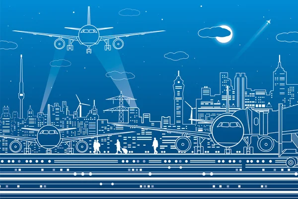 Airport illustration. Aviation transportation infrastructure. The plane is on the runway. Airplane fly, people get on the aircraft. Night city on background, vector design art — Stock Vector