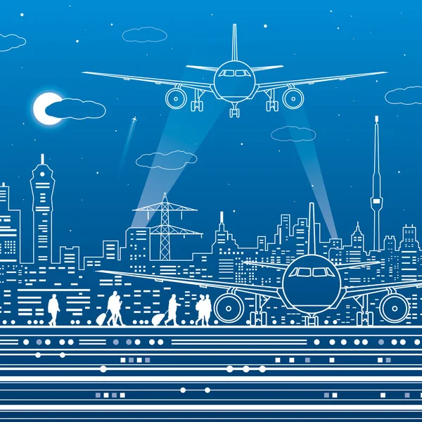 Illustrazione aeroporto. Infrastrutture di trasporto aereo. L'aereo e 'sulla pista. Aereo vola, la gente sale sull'aereo. Città di notte sullo sfondo, arte del disegno vettoriale — Vettoriale Stock