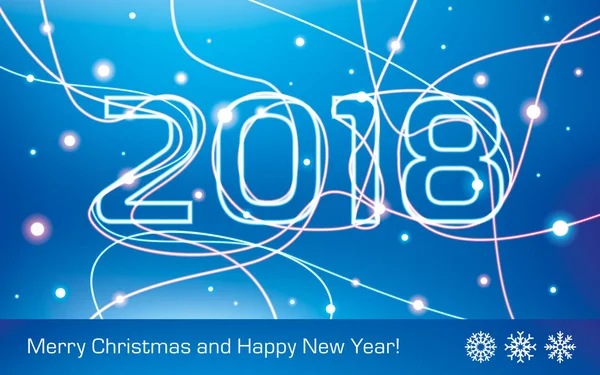 Selamat Natal dan Tahun Baru! Tahun 2018. Bersinar garis neon pada latar belakang biru, kartu liburan untuk proyek bisnis Anda, seni desain vektor - Stok Vektor
