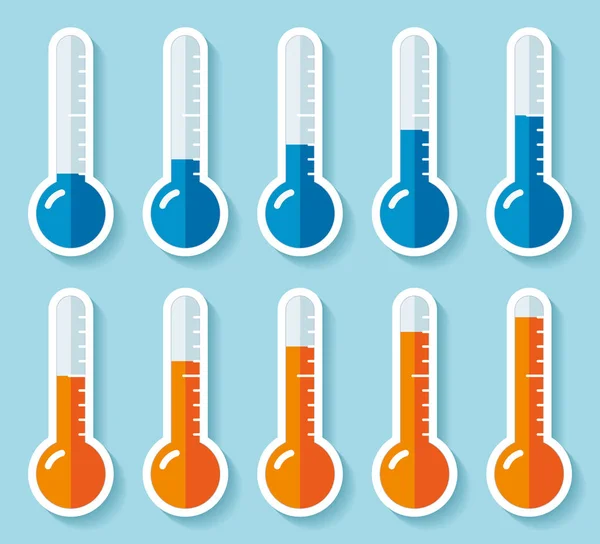 Thermometers Set Flat Style Cold Hot Temperature Design Element Color — Stock Vector