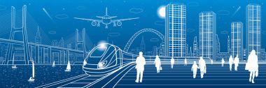 Altyapı ve ulaşım panorama. Tren demiryolu üzerinde hareket ettirin. İnsan istasyonunun. Uçak fly. Büyük köprü. Modern gece city, kule ve gökdelen. Yatlar su. Beyaz çizgiler. Vektör tasarım sanat