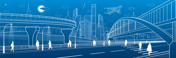 高速道路を歩行者専用橋 道路の高架 都市インフラ 産業建築の背景に近代的な都市 人が歩いています 白い線図 夜のシーン ベクトル デザイン アート — ストックベクタ