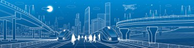 Tren demiryolu üzerinde sürme. Yolcu istasyonunda. Taşıma Üstgeçit. Kentsel altyapı, arka planda, endüstriyel mimari modern şehir. Beyaz çizgiler illüstrasyon, kasaba sahne, vektör tasarım sanat