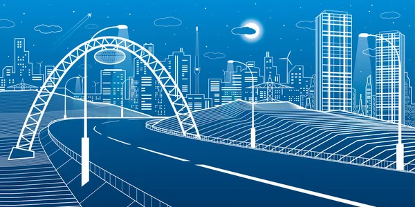 Autopista Bajo Puente Ciudad Nocturna Moderna Ciudad Neón Ilustración Infraestructuras — Archivo Imágenes Vectoriales