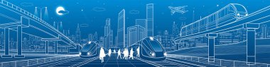 Tren demiryolu üzerinde binmek. Yolcu istasyonunda. Taşıma Üstgeçit. Monoray hareket. Kentsel altyapı, arka planda, endüstriyel mimari modern şehir. Beyaz çizgiler, kasaba sahne, vektör tasarım sanat
