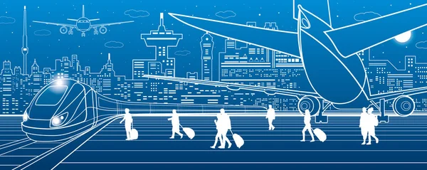机场插图 乘客去火车 航空旅游运输基础设施 飞机在跑道上 夜城市在背景 媒介设计艺术 — 图库矢量图片