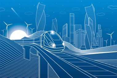 Demiryolu Köprüsü'nde dağlarında seyahat tren. Kule ve gökdelen, modern şehir, iş binalar. Gece sahne. Mavi zemin üzerine beyaz çizgiler. Güç yel değirmenleri. Vektör tasarım sanat