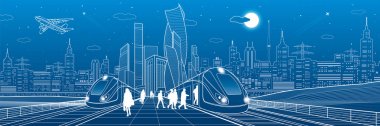 Tren demiryolu üzerinde binmek. Yolcu istasyonunda. Taşıma panorama. Kentsel altyapı, arka planda, endüstriyel mimari modern şehir. Beyaz çizgiler, kasaba sahne, vektör tasarım sanat