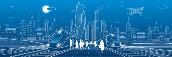 Tren demiryolu üzerinde binmek. Yolcu istasyonunda. Taşıma panorama. Kentsel altyapı, arka planda, endüstriyel mimari modern şehir. Beyaz çizgiler, kasaba sahne, vektör tasarım sanat