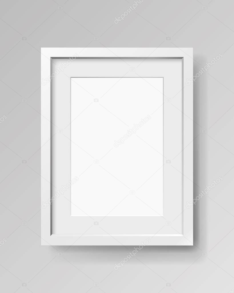 Realistic empty rectangular white frame with passepartout on gray background, border for your creative project, mock-up sample, vector design object