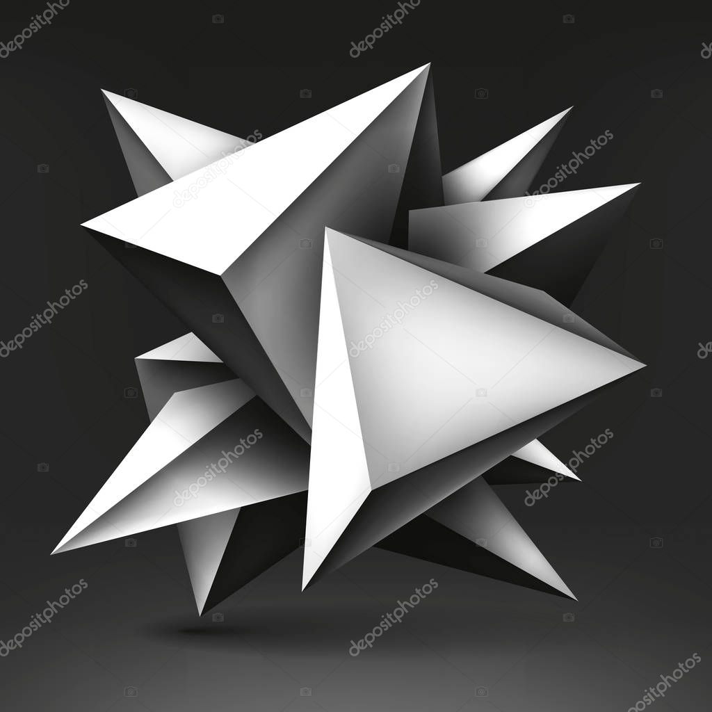 Volume geometric shape, 3d levitation light crystal on dark background, creative low polygons dark object, vector design form