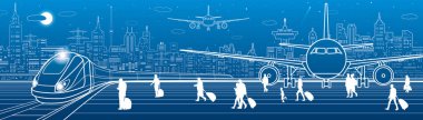 Havaalanı panorama. Yolcular trene kadar gidebilir. Havacılık seyahat etmek ulaşım altyapısı. Uçak piste var. Gece şehir arka planda, vektör tasarım sanat