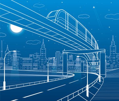 Monoray tren. Işıklı karayolu. Ulaşım illüstrasyon. Arka plan, modern şehir manzarası. Gece sahne. Mavi zemin üzerine beyaz çizgiler. Vektör tasarım sanat