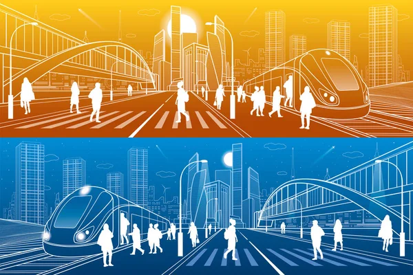 Cidade Transporte Ilustração Ponte Grande Cruzamento Pedestres Passageiros Entram Comboio — Vetor de Stock