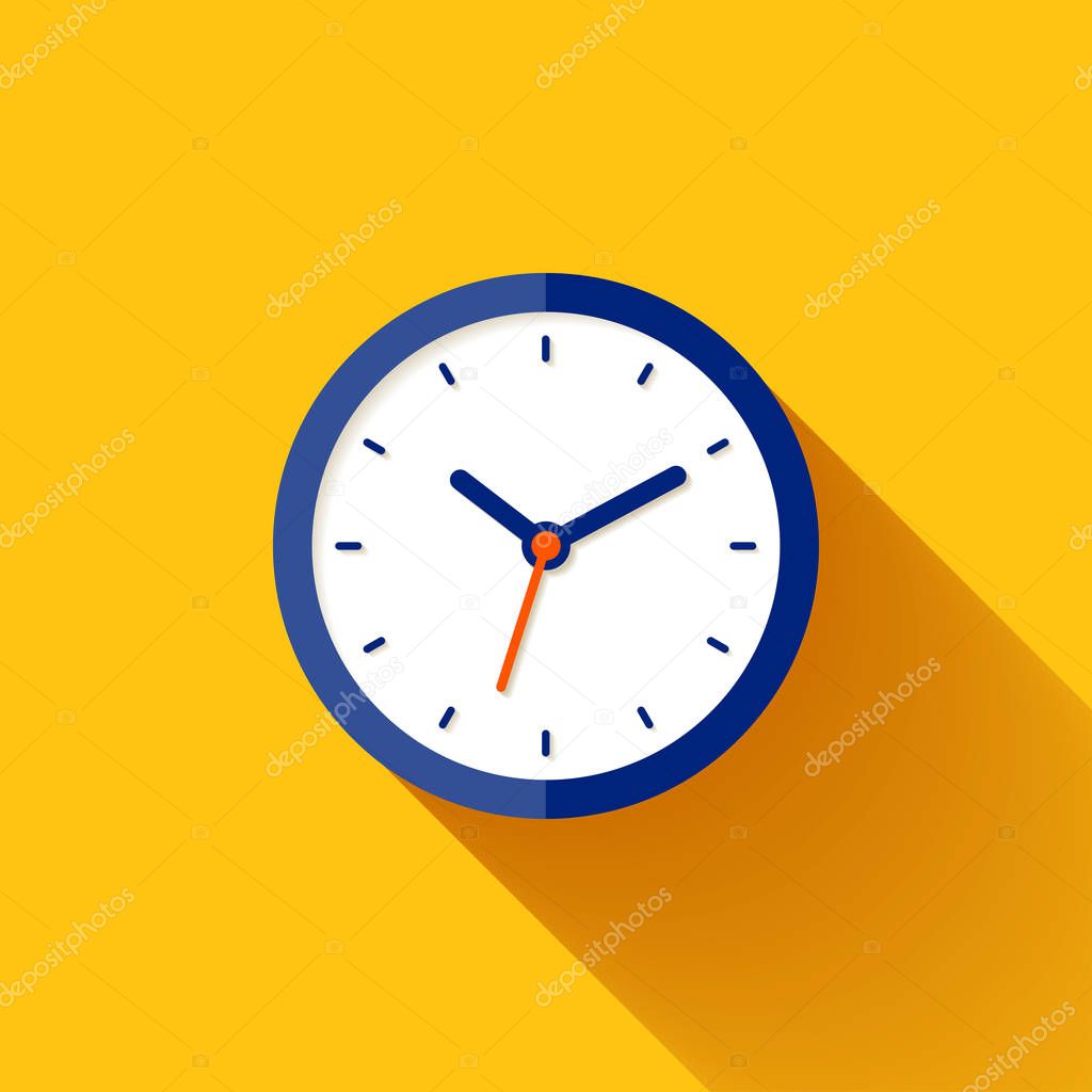 Clock icon in flat style, timer on orange background. Business watch. Vector design element for you project