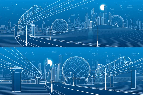 Ferrocarril Monorraíl Trenes Puente Carretera Iluminada Transporte Conjunto Ilustración Urbana — Vector de stock