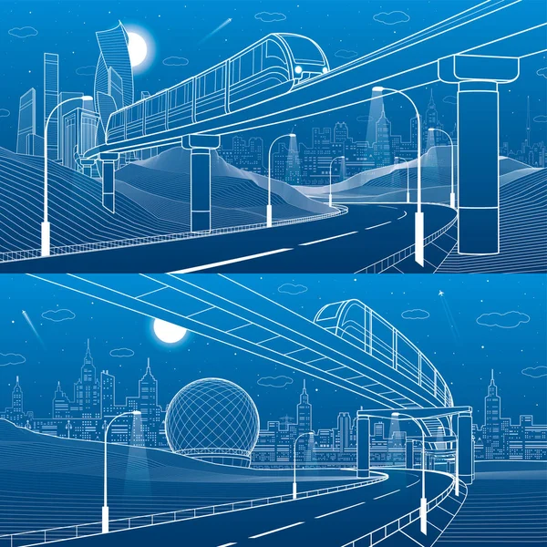 单轨铁路 火车在桥上 照明高速公路 交通城市插图集 地平线上的现代城市背景 商业建筑 蓝色背景上的白色线条 矢量设计艺术 — 图库矢量图片
