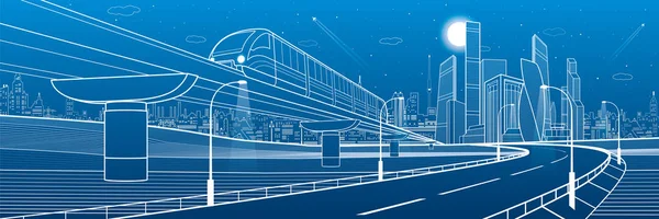 モノレール鉄道と照らされた高速道路 交通都市の図 スカイラインの背景で近代的な都市 ビジネス建物 夜の街 青色の背景に白い線 ベクター デザイン アート — ストックベクタ