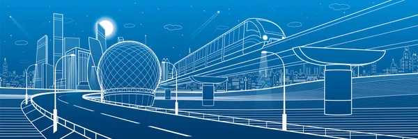 モノレール鉄道と照らされた高速道路 交通都市の図 スカイラインの背景で近代的な都市 ビジネス建物 夜の街 青色の背景に白い線 ベクター デザイン アート — ストックベクタ