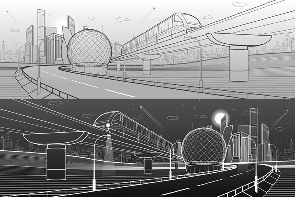 Monorail railway and illuminated highway. Transportation urban illustration set. Skyline modern city at background. Business buildings. Night town. Black and white lines. Vector design art