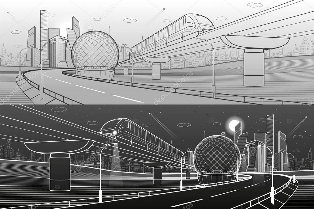 Monorail railway and illuminated highway. Transportation urban illustration set. Skyline modern city at background. Business buildings. Night town. Black and white lines. Vector design art