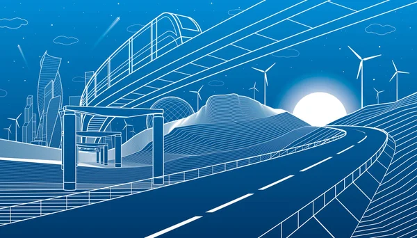 Jednotorowe Górach Autostrady Ilustracja Transportu Wieża Drapacze Chmur Nowoczesne Miasto — Wektor stockowy