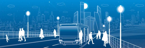 城市交通基础设施全景 乘客下车 人们沿着街道走 夜镇在背景 载体设计艺术 — 图库矢量图片
