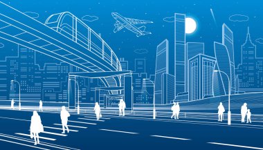 Monorail bridge across the highway. Urban infrastructure, modern city on background, industrial architecture. People walking. White lines illustration, night scene, vector design art  clipart
