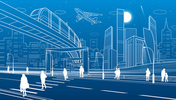 Monorail bridge across the highway. Urban infrastructure, modern city on background, industrial architecture. People walking. White lines illustration, night scene, vector design art 