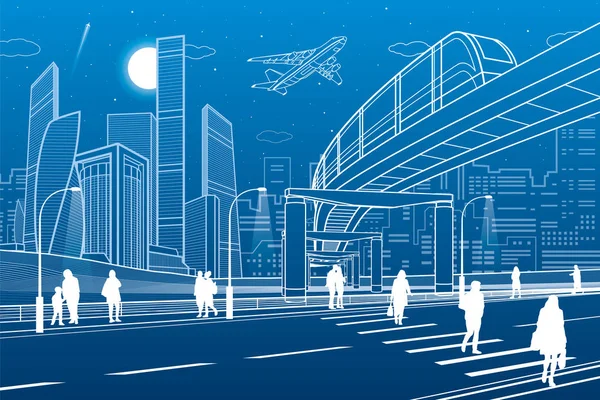 高速道路を渡る橋でモノレール 都市インフラ 産業建築の背景に近代的な都市 人が歩いています 白い線図 夜のシーン ベクトル デザイン アート — ストックベクタ