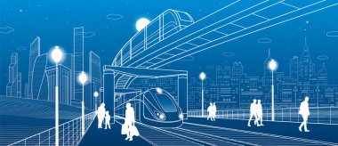 Altyapı ve ulaşım panorama. Monoray tren. İnsanlar yürürken, insanlar. Tren hareket. Işıklı platformu. Modern gece şehir. Kule ve gökdelen. Mavi zemin üzerine beyaz çizgiler. Vektör tasarım sanat