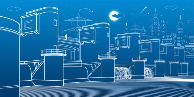 Hidro elektrik santrali. Nehir baraj. Enerji istasyonu. Şehir altyapı endüstriyel illüstrasyon. Mavi zemin üzerine beyaz çizgiler. Vektör tasarım sanat