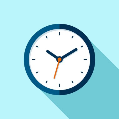 Clock icon in flat style, round timer on blue background. Business watch. Vector design element for you project clipart