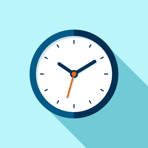 Clock icon in flat style, round timer on blue background. Business watch. Vector design element for you project