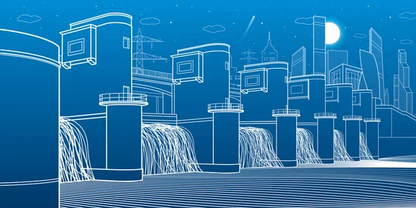 水力发电厂 河水坝 能源站 城市基础设施工业例证全景 蓝色背景上的白色线条 矢量设计艺术 — 图库矢量图片