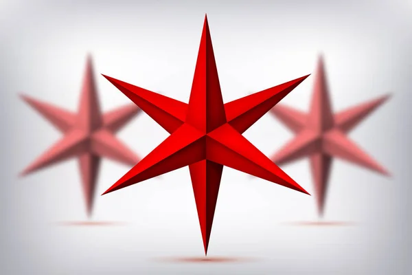 Volym Sex Pekade Röda Stjärnor Suddiga Objekt Geometri Kristaller Form — Stock vektor