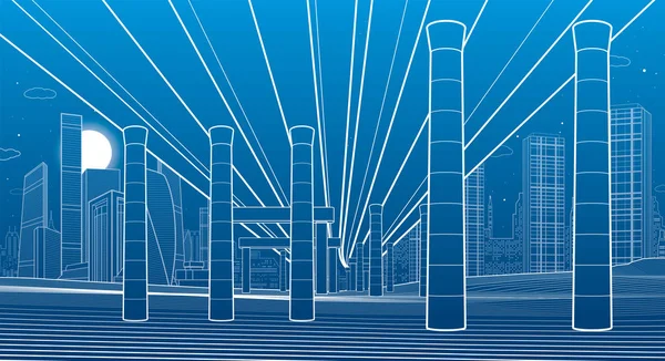 城市场景概述 在汽车立交桥下面 工业例证 现代夜城 蓝色背景上的白线 矢量设计艺术 — 图库矢量图片