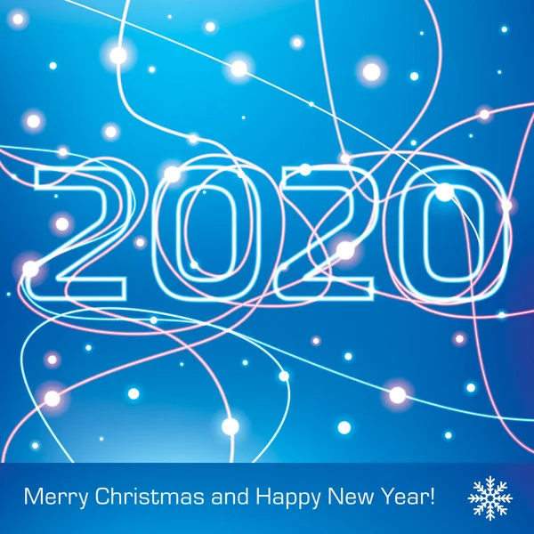 Merry Christmas Happy New Year 2020 Glowing Neon Lines Blue — Stock Vector