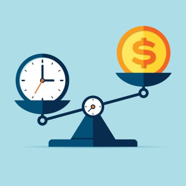 Time is money. Scales icon in flat style. Libra symbol, balance sign. Time management. Dollar and time icons. Vector design element for you project on color background