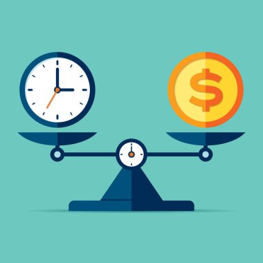 Time is money. Scales icon in flat style. Libra symbol, balance sign. Time management. Dollar and clock icons. Vector design element for you project on color background