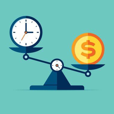 Time is money. Scales icon in flat style. Libra symbol, balance sign. Time management. Dollar and clock icons. Vector design element for you project on color background