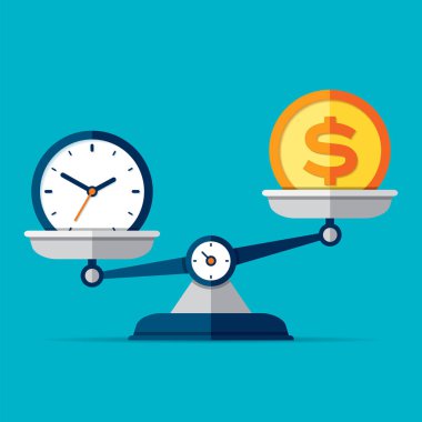 Vakit nakittir. Simgeyi düz ölçeklendirir. Terazi sembolü, denge işareti. Zaman yönetimi. Dolar ve saat simgeleri. Renk arkaplanı üzerine iş projeleriniz için vektör tasarım unsurları