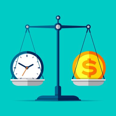 Vakit nakittir. Simgeyi düz ölçeklendirir. Terazi sembolü, denge işareti. Zaman yönetimi. Dolar ve saat simgeleri. Renk arkaplanı üzerine iş projeleriniz için vektör tasarım unsurları