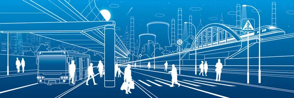 近代都市開発 人々は通りを歩いている ライトアップされた高速道路 輸送インフラ 工場火力発電所 夜の街の風景 青い背景の白い線 ベクトルデザインアート — ストックベクタ