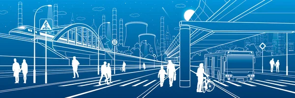 近代都市開発 人々は通りを歩いている ライトアップされた高速道路 輸送インフラ 工場火力発電所 夜の街の風景 青い背景の白い線 ベクトルデザインアート — ストックベクタ