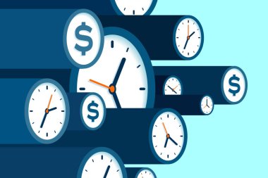 Saat ve dolar simgeleri düz stil, zamanlayıcılar ve para işareti mavi arka planda. Zaman yönetimi. Daha fazla saat. Sunumunuz için iş vektörü illüstrasyonu