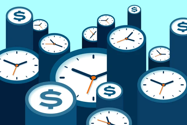 Uhren Und Dollarsymbole Flachen Stil Zeitschaltuhren Und Geldzeichen Auf Blauem — Stockvektor