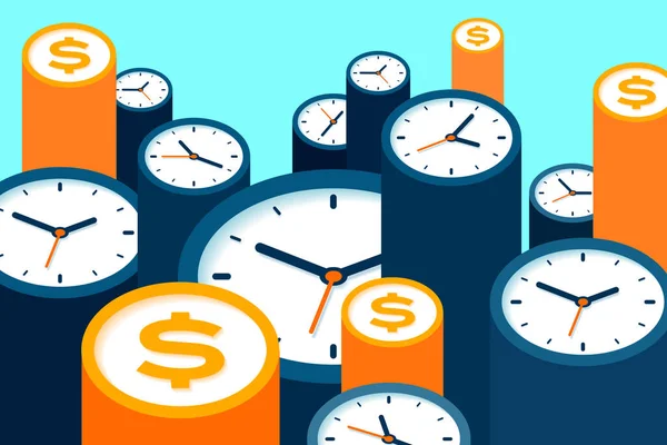 时钟和美元图标的平面风格 计时器和货币标志的色彩背景 时间管理 再看一下供您演示的业务向量说明 — 图库矢量图片